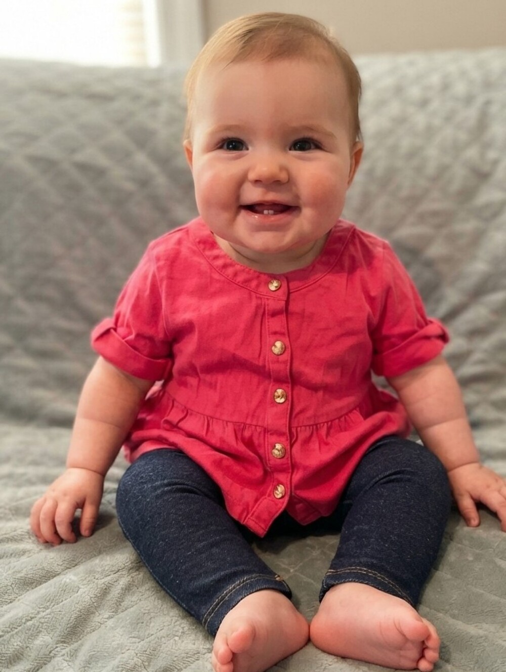 6M Pink Button-Up Top and Dark Blue Leggings Set